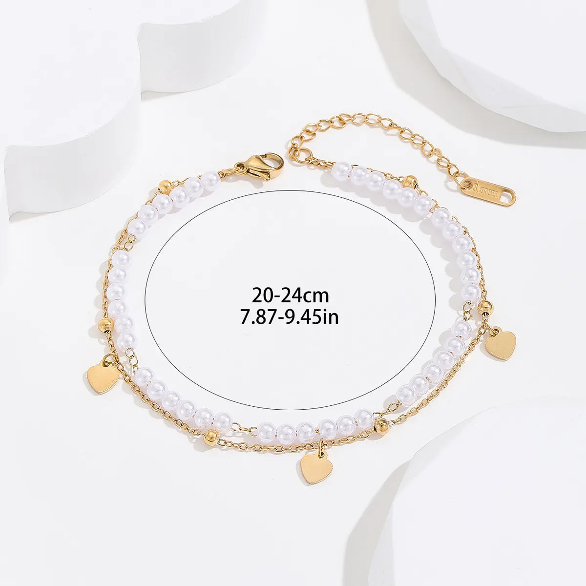 Sweet Heart Shape Stainless Steel Artificial Pearl Beaded Plating 18k Gold Plated Women'S Anklet