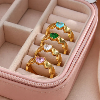 Wholesale Jewelry Sweet Heart Shape 304 Stainless Steel Zircon 18K Gold Plated Metal Inlay Rings