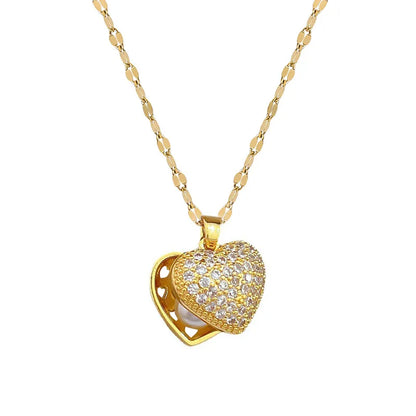 Sweet Heart Shape Titanium Steel Copper Inlay Artificial Pearls Zircon Pendant Necklace