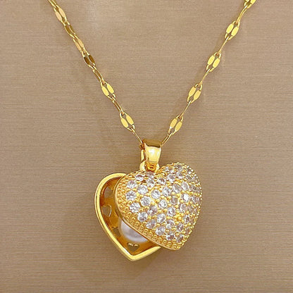 Sweet Heart Shape Titanium Steel Copper Inlay Artificial Pearls Zircon Pendant Necklace