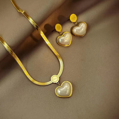 Sweet Heart Shape Titanium Steel Plating 18k Gold Plated Earrings Necklace