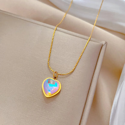 Sweet Heart Shape Titanium Steel Plating Inlay Artificial Gemstones Pendant Necklace