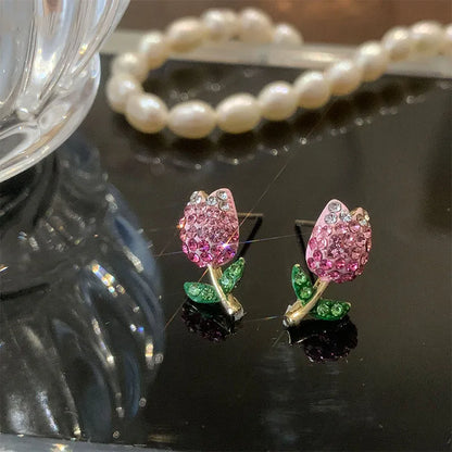 Sweet Korean Style Flower Alloy Inlay Rhinestones Women'S Ear Studs