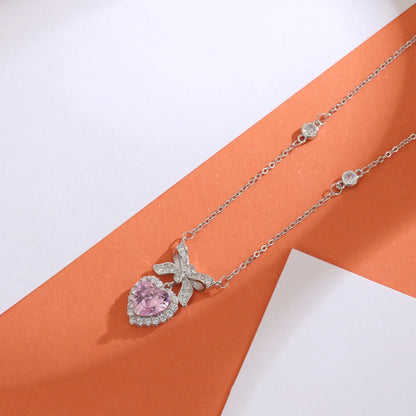 Sweet Korean Style Heart Shape Bow Knot Copper Plating Inlay Zircon Pendant Necklace