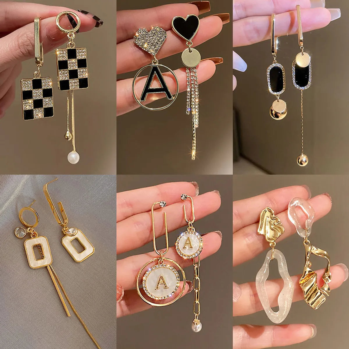 Sweet Letter Plaid Heart Shape Metal Inlay Artificial Pearls Rhinestones Shell Women'S Earrings 1 Pair