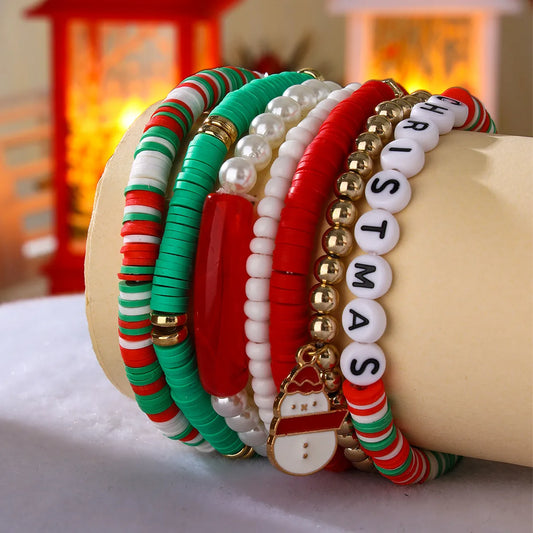 Sweet Letter Snowman Soft Clay Beaded Christmas Women'S Bracelets