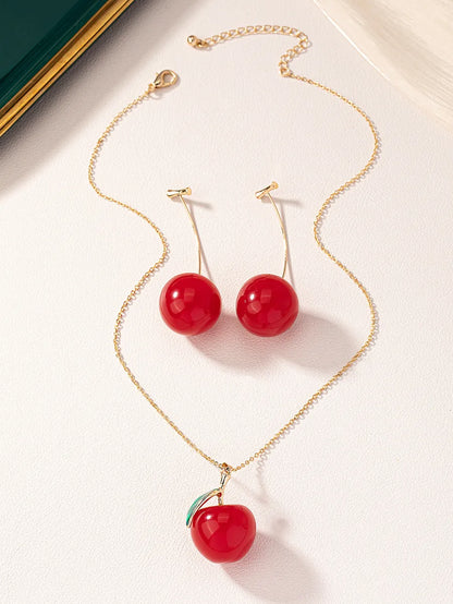 Sweet Pastoral Classic Style Cherry Fruit Resin Gold Plated Women'S Earrings Necklace