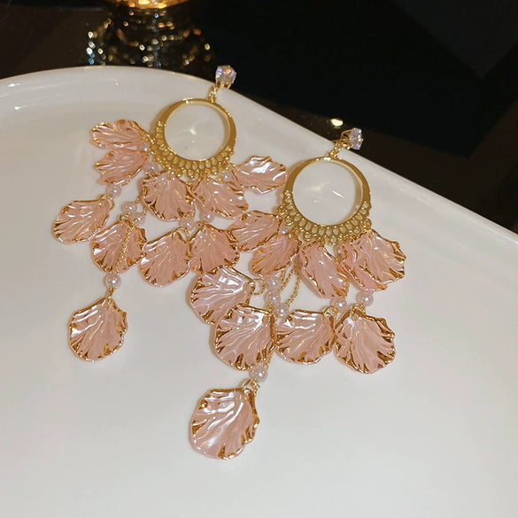 Sweet Pink Petal Zircon Tassel Earrings In Alloy With Flower Pattern