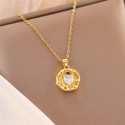 Sweet Round Oval Heart Shape Stainless Steel Plating Inlay Artificial Diamond 18k Gold Plated Pendant Necklace