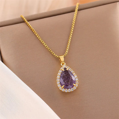 Sweet Round Oval Heart Shape Stainless Steel Plating Inlay Artificial Diamond 18k Gold Plated Pendant Necklace