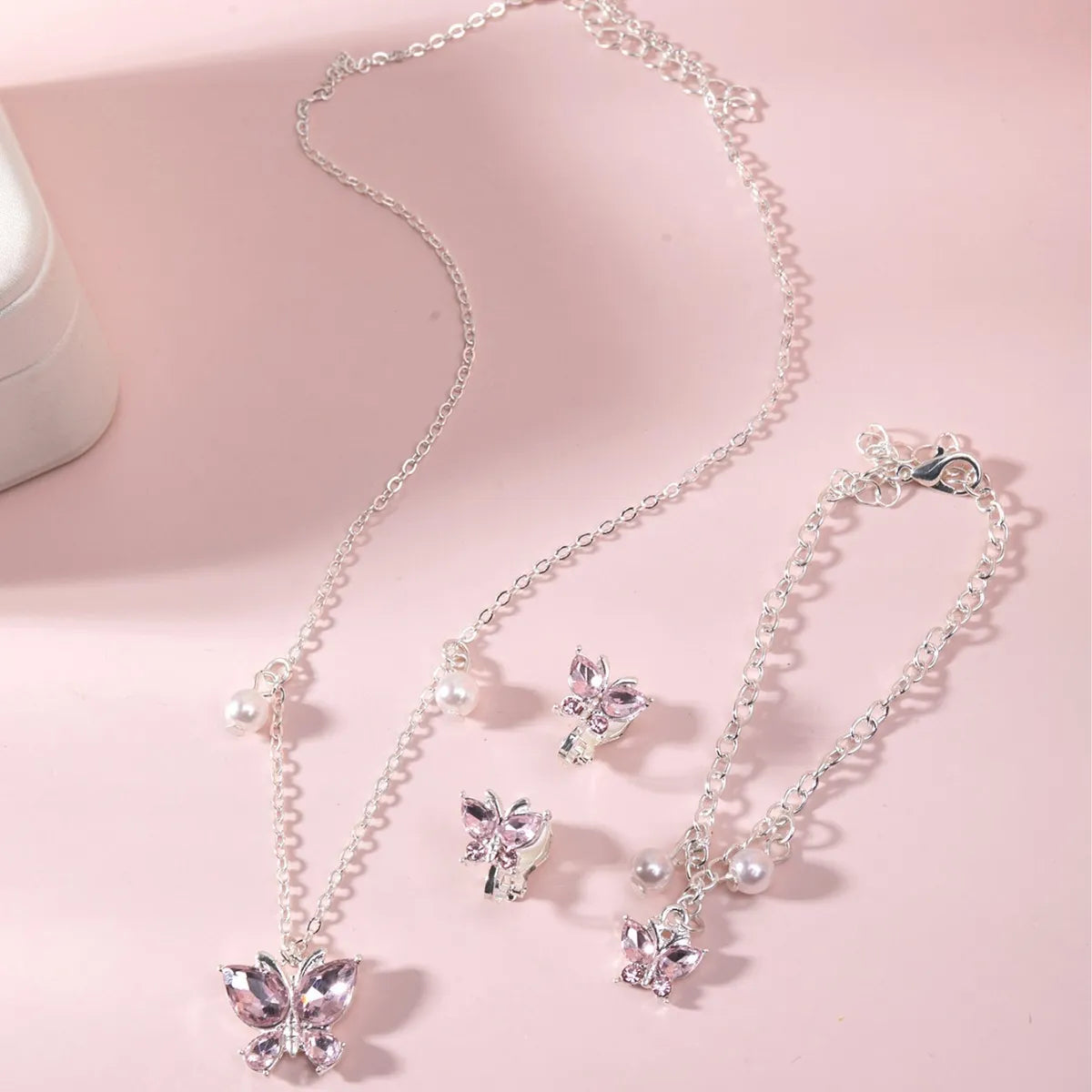 Sweet Shiny Butterfly Alloy Pearl Inlay Rhinestones Girl'S Jewelry Set