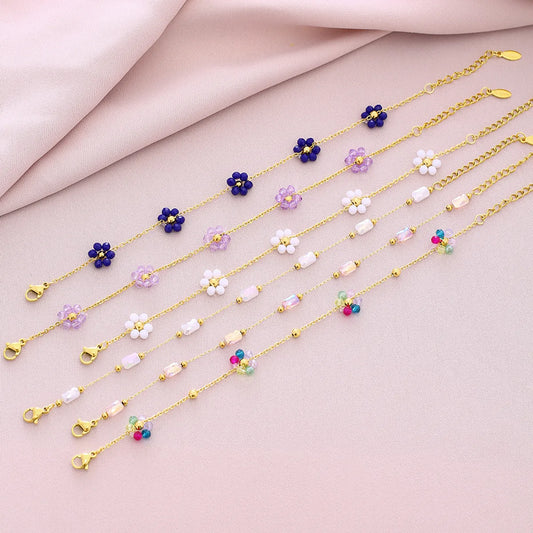 Sweet Shiny Petal 201 Stainless Steel Artificial Crystal 18K Gold Plated Bracelets In Bulk