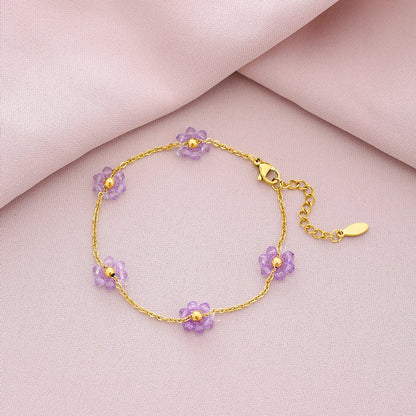 Sweet Shiny Petal 201 Stainless Steel Artificial Crystal 18K Gold Plated Bracelets In Bulk