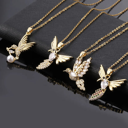 Sweet Simple Style Bird Copper Gold Plated Zircon Pendant Necklace In Bulk