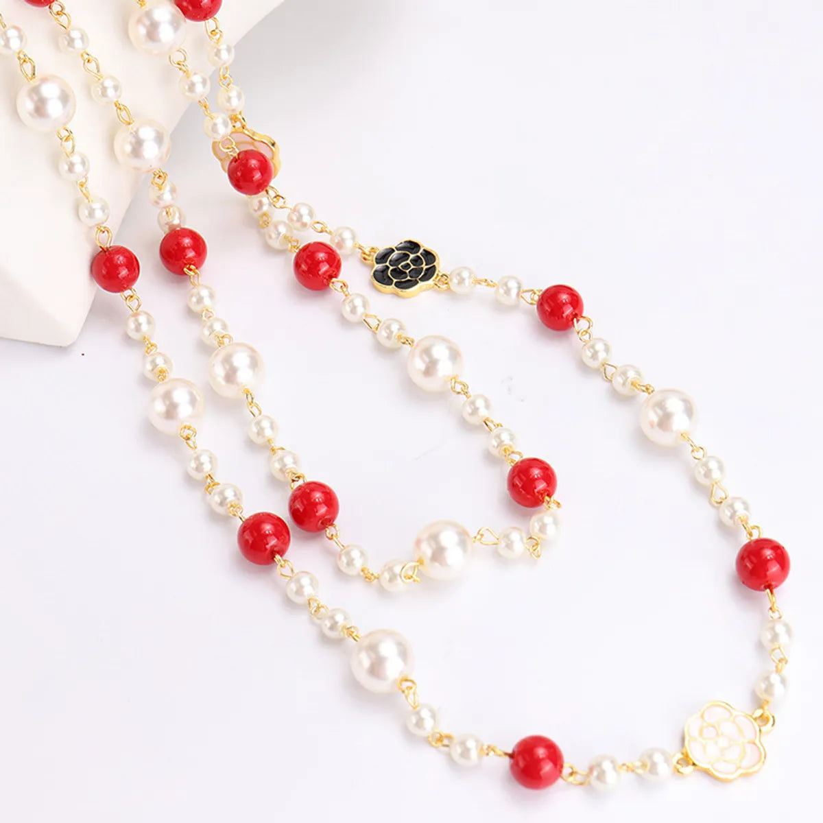 Sweet Simple Style Flower Imitation Pearl Alloy Beaded Enamel Women's Long Necklace