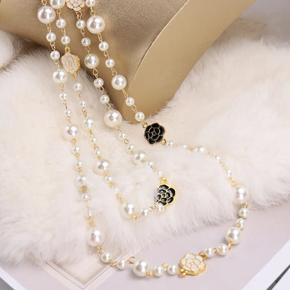 Sweet Simple Style Flower Imitation Pearl Alloy Beaded Enamel Women's Long Necklace