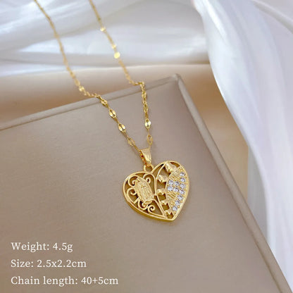 Sweet Simple Style Heart Shape Artificial Gemstones Titanium Steel Copper Inlay Artificial Gemstones Pendant Necklace