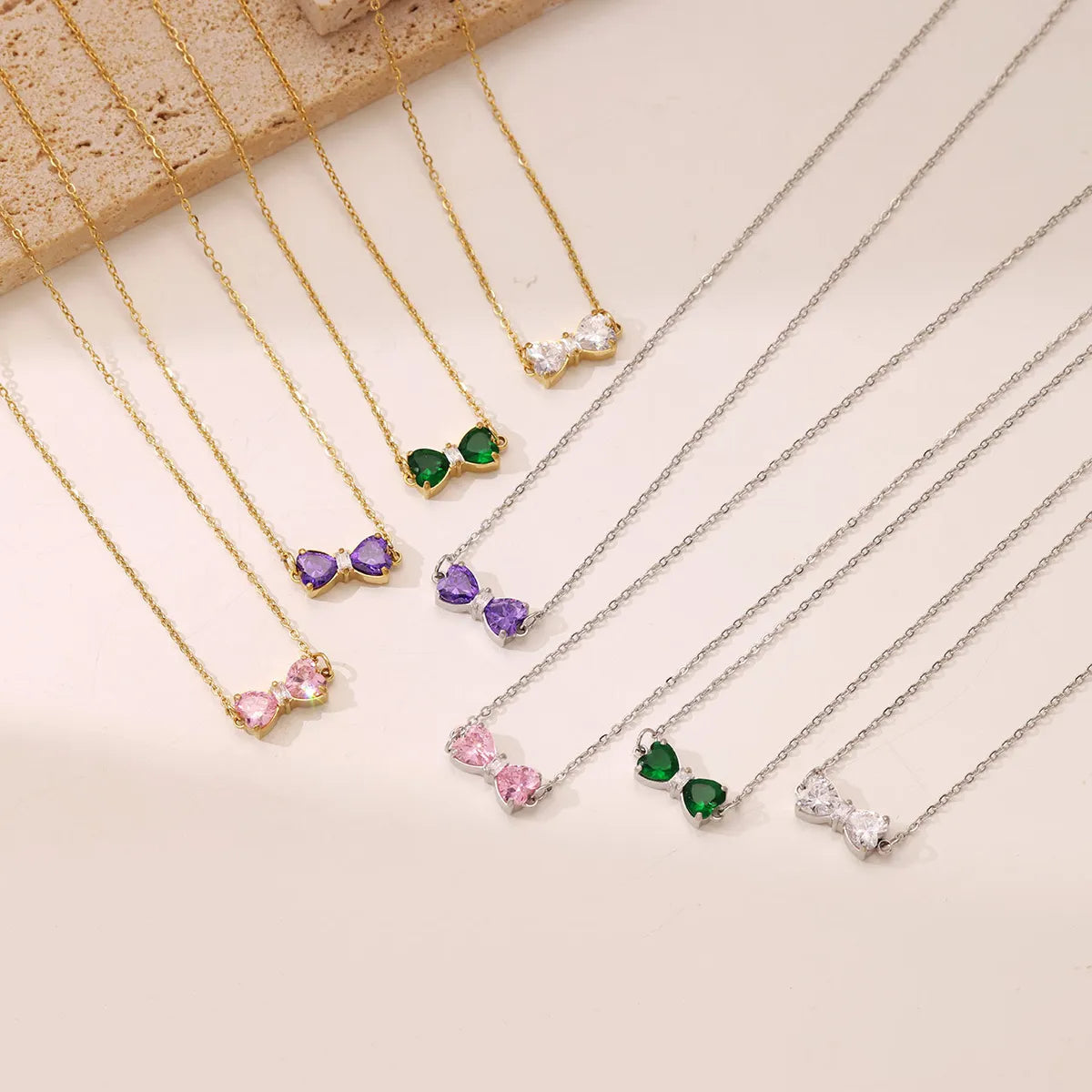 Sweet Simple Style Heart Shape Bow Knot Stainless Steel Plating Inlay Zircon White Gold Plated Gold Plated Pendant Necklace