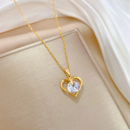 Sweet Simple Style Heart Shape Stainless Steel Copper Inlay Zircon Pendant Necklace