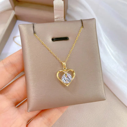 Sweet Simple Style Heart Shape Stainless Steel Copper Inlay Zircon Pendant Necklace