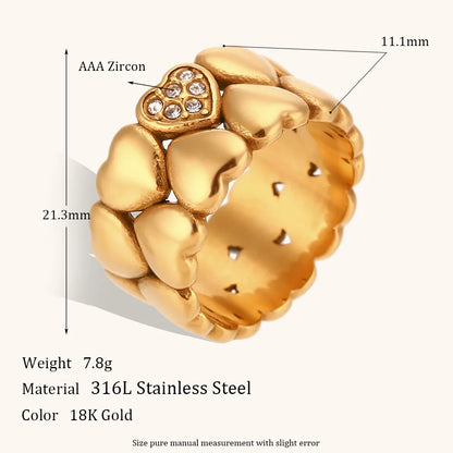 Sweet Simple Style Heart Shape Stainless Steel Plating Inlay Zircon 18k Gold Plated Women'S Rings