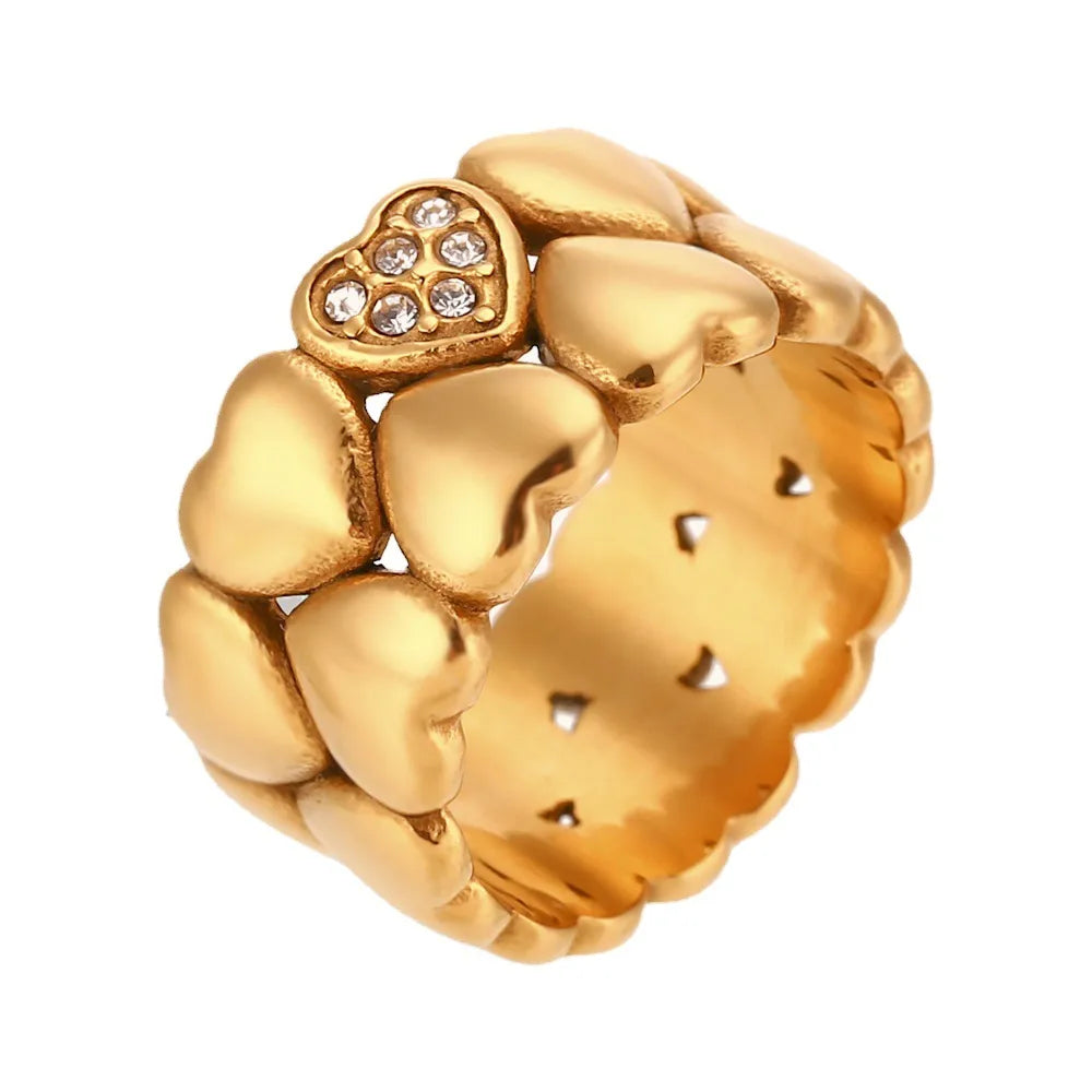 Sweet Simple Style Heart Shape Stainless Steel Plating Inlay Zircon 18k Gold Plated Women'S Rings