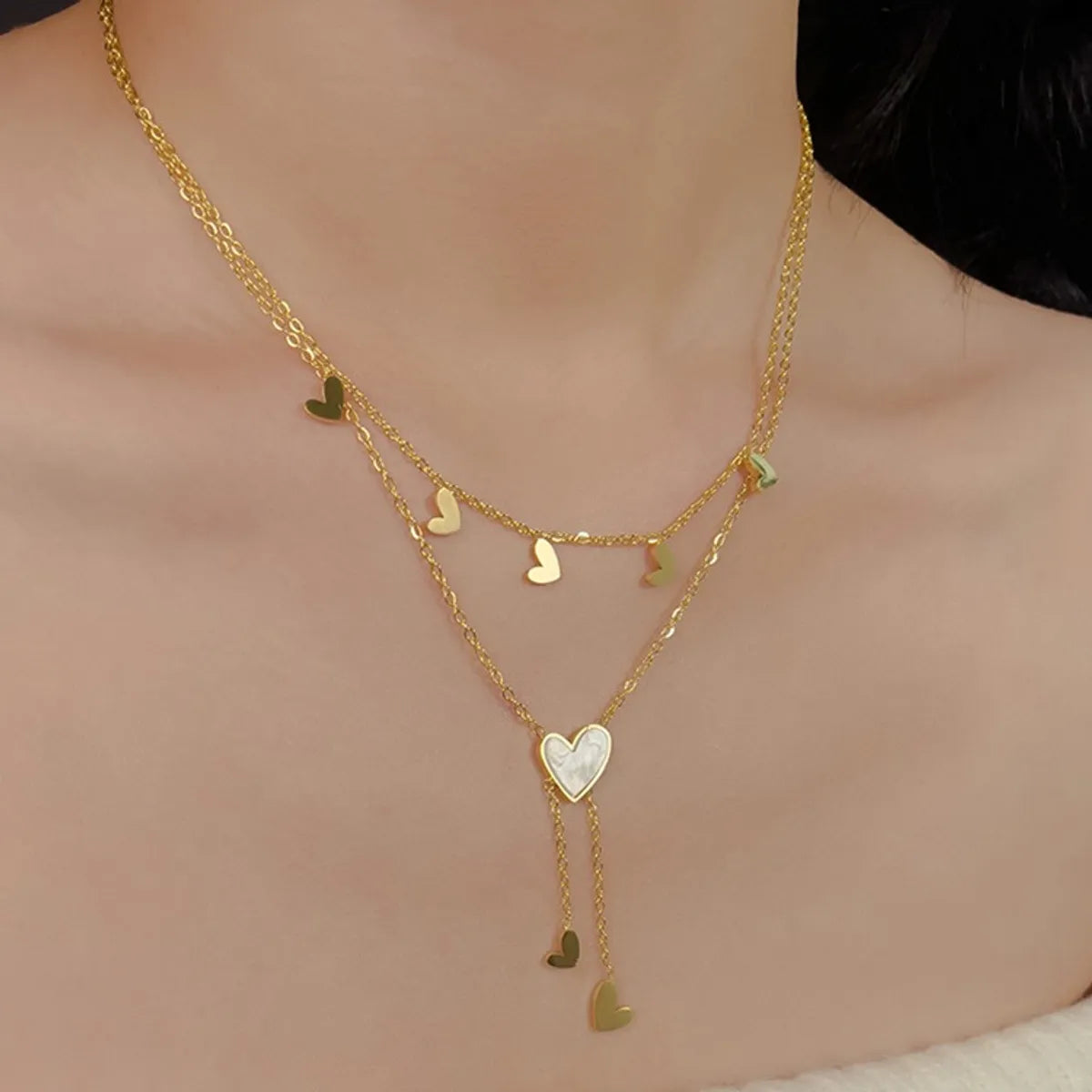 Sweet Simple Style Heart Shape Titanium Steel Plating Inlay Shell 18k Gold Plated Layered Necklaces