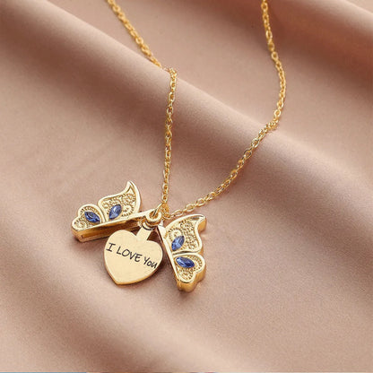 Sweet Simple Style Letter Heart Shape Butterfly Alloy Inlay Rhinestones Women'S Pendant Necklace