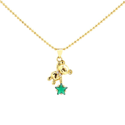 Sweet Simple Style Pentagram Little Bear Copper 18k Gold Plated Zircon Pendant Necklace In Bulk