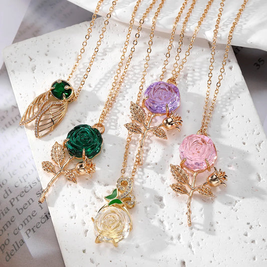 Sweet Simple Style Shiny Insect Rose Artificial Crystal Artificial Crystal Alloy Wholesale Pendant Necklace