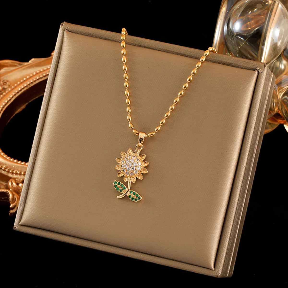 Sweet Simple Style Sunflower Stainless Steel Copper Plating Inlay Zircon 18k Gold Plated Pendant Necklace