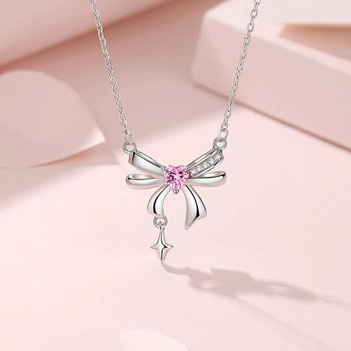 Sweet Simple Style Tassel Heart Shape Bow Knot 925 Silver Zircon Pendant Necklace