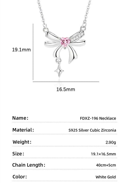 Sweet Simple Style Tassel Heart Shape Bow Knot 925 Silver Zircon Pendant Necklace