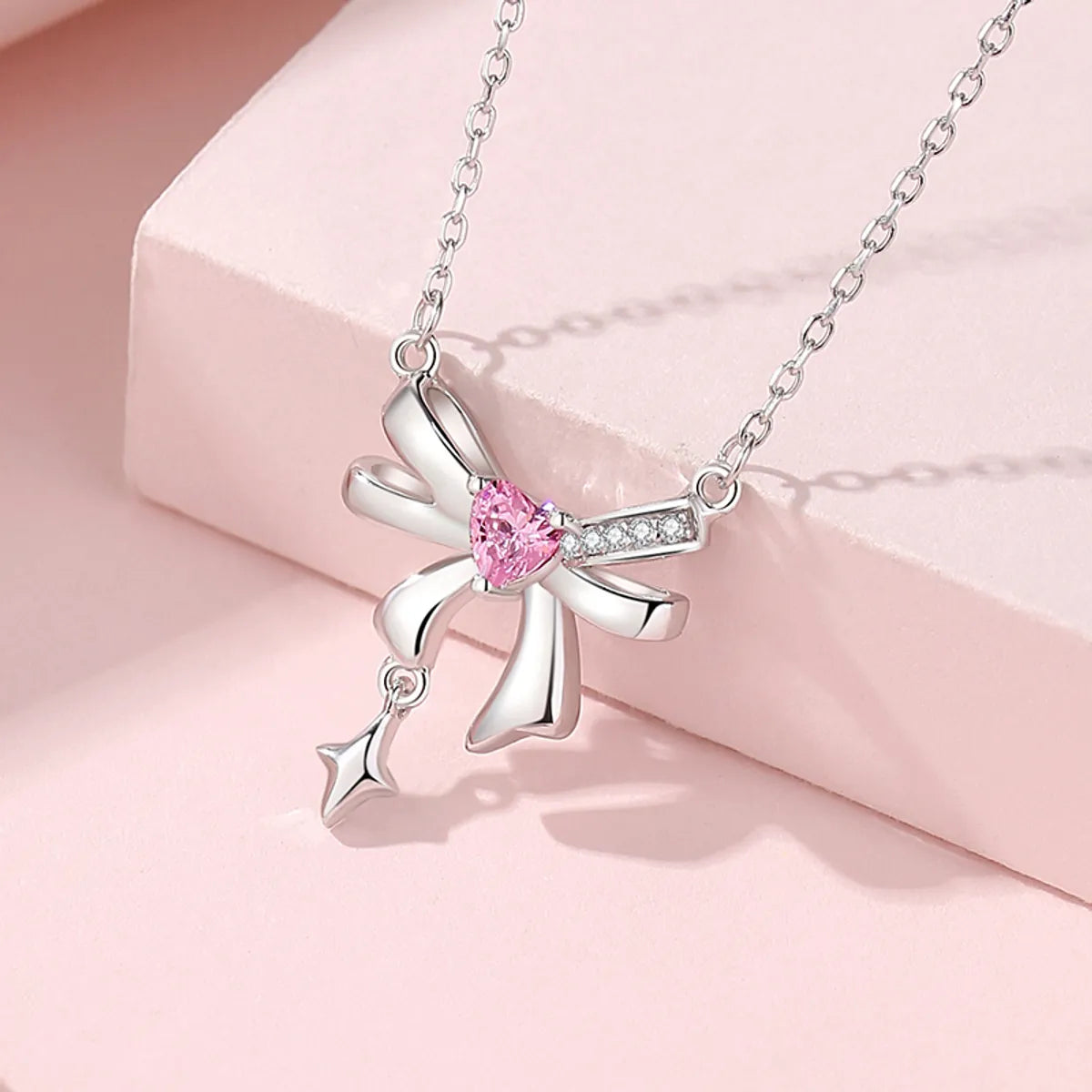 Sweet Simple Style Tassel Heart Shape Bow Knot 925 Silver Zircon Pendant Necklace