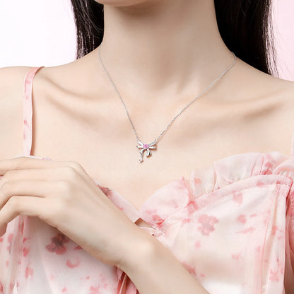 Sweet Simple Style Tassel Heart Shape Bow Knot 925 Silver Zircon Pendant Necklace