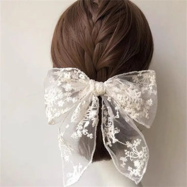 Sweet Solid Color Bow Knot Lace Embroidery Lace Hair Clip Rubber Band