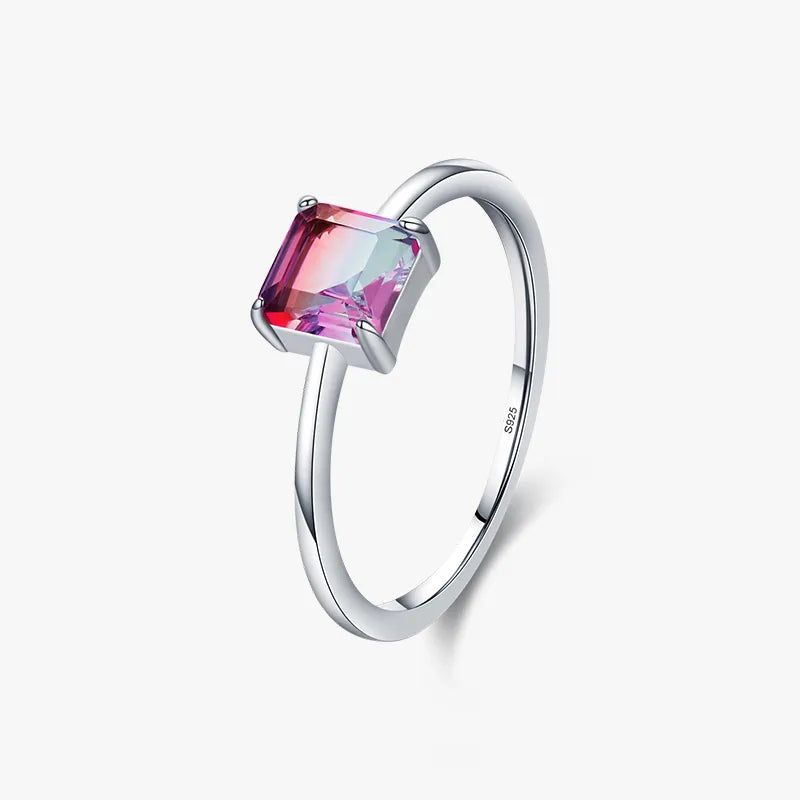 Sweet Square Gradient Color Sterling Silver Plating Inlay Gem Rhodium Plated Rings