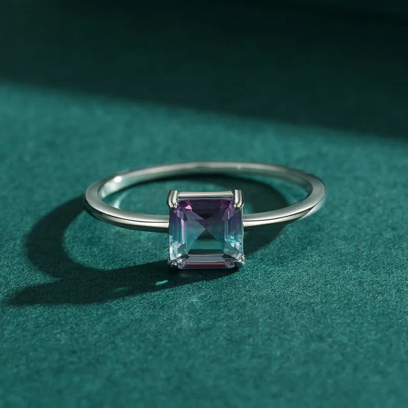 Sweet Square Gradient Color Sterling Silver Plating Inlay Gem Rhodium Plated Rings