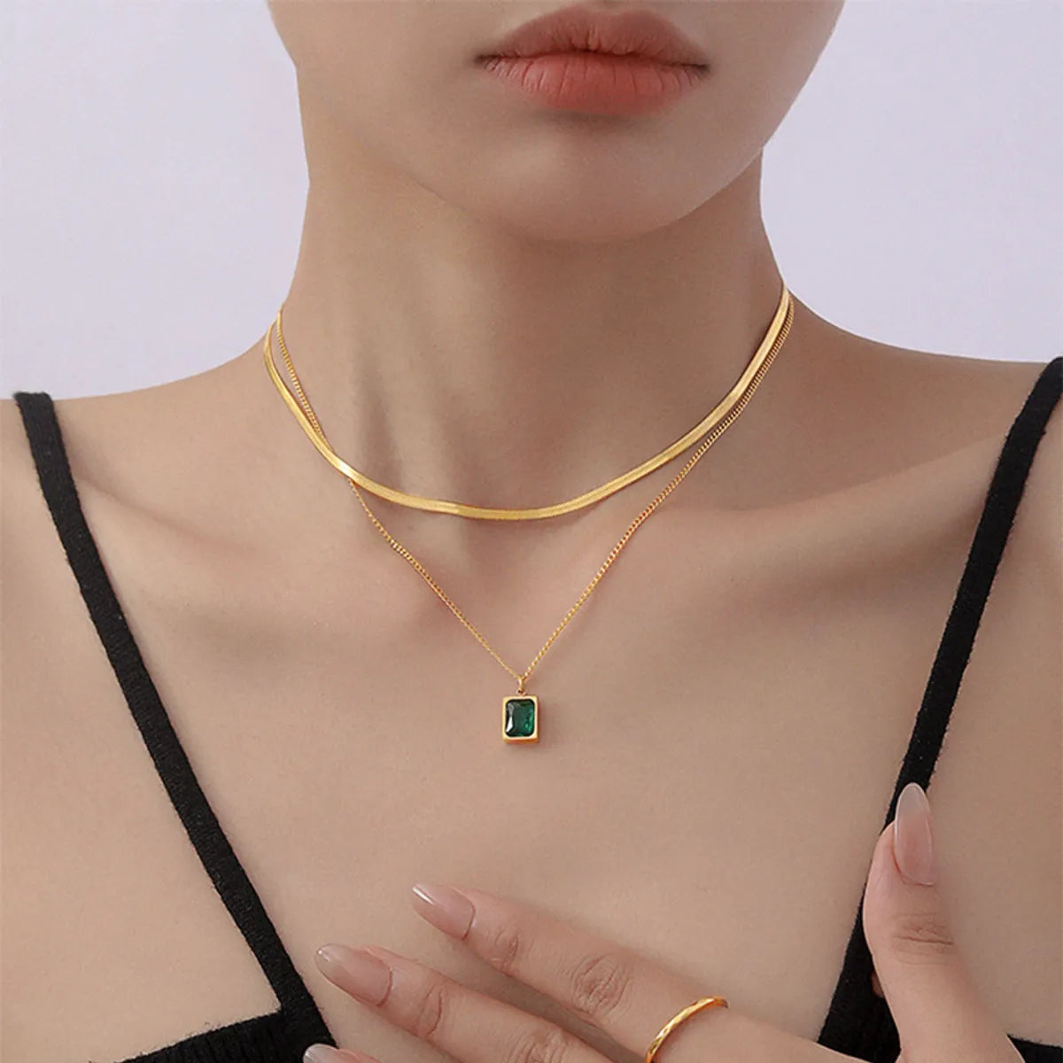 Sweet Square Titanium Steel Plating Inlay Artificial Gemstones 18k Gold Plated Layered Necklaces