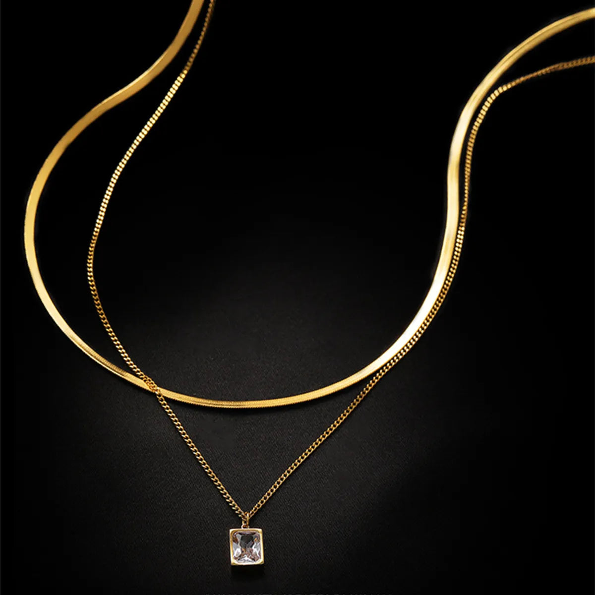 Sweet Square Titanium Steel Plating Inlay Artificial Gemstones 18k Gold Plated Layered Necklaces