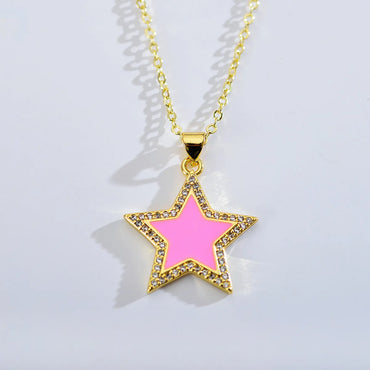 Sweet Star Copper Enamel Plating Inlay Rhinestones Pendant Necklace