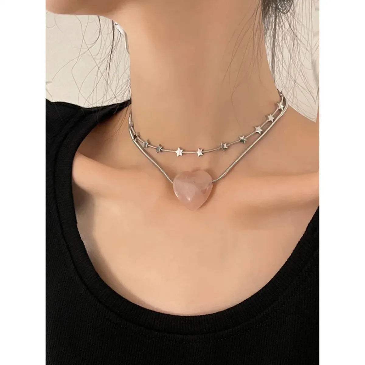 Sweet Star Heart Shape Alloy Natural Stone Titanium Steel Necklace In Bulk