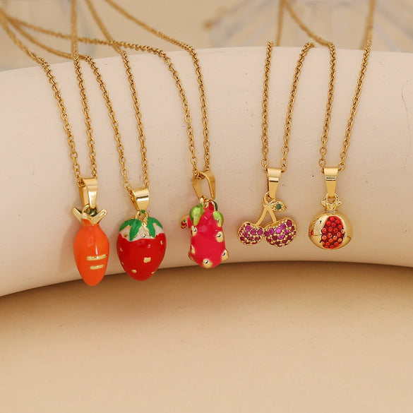 Sweet Strawberry Cherry Pendant Fashion Stainless Steel Clavicle Chain Jewelry With Fruit Pattern