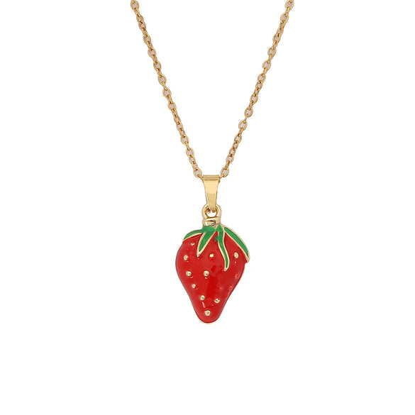 Sweet Strawberry Cherry Pendant Fashion Stainless Steel Clavicle Chain Jewelry With Fruit Pattern