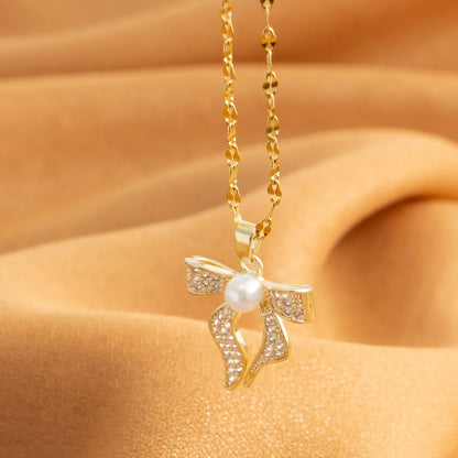 Sweet Streetwear Bow Knot Stainless Steel Plating Inlay Pearl Zircon 18k Gold Plated Pendant Necklace