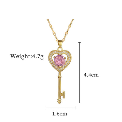 Sweet Streetwear Heart Shape Key Artificial Gemstones Titanium Steel Copper Inlay Artificial Gemstones Women'S Pendant Necklace