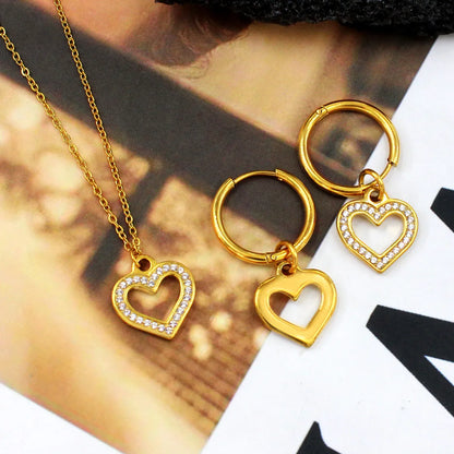 Wholesale Sweet Streetwear Heart Shape Titanium Steel Plating Inlay Artificial Diamond Earrings Necklace