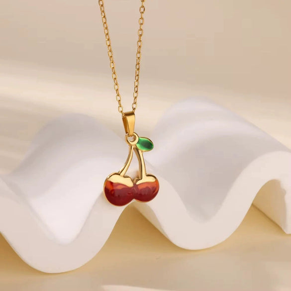 Sweet Student Cute Cherry Fruit Pendant Necklace Clavicle Chain Stainless Steel Electroplated Unisex
