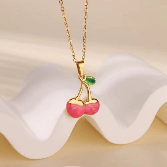 Sweet Student Cute Cherry Fruit Pendant Necklace Clavicle Chain Stainless Steel Electroplated Unisex