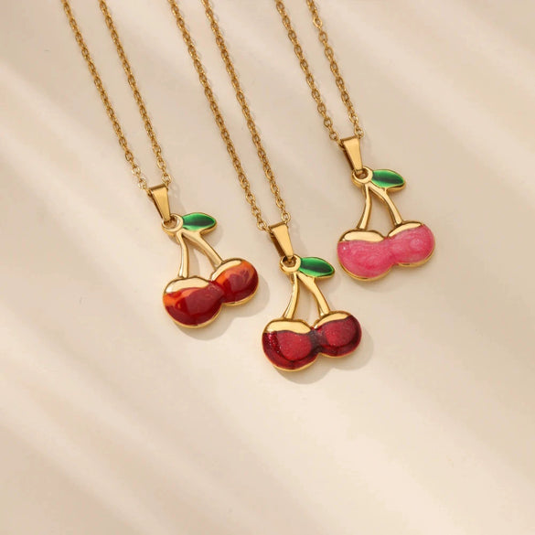 Sweet Student Cute Cherry Fruit Pendant Necklace Clavicle Chain Stainless Steel Electroplated Unisex